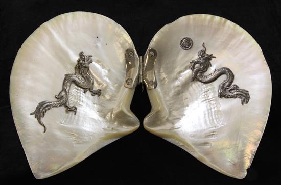 A Chinese silver mounted mother of pearl shell, early 20th century, 25.5cm